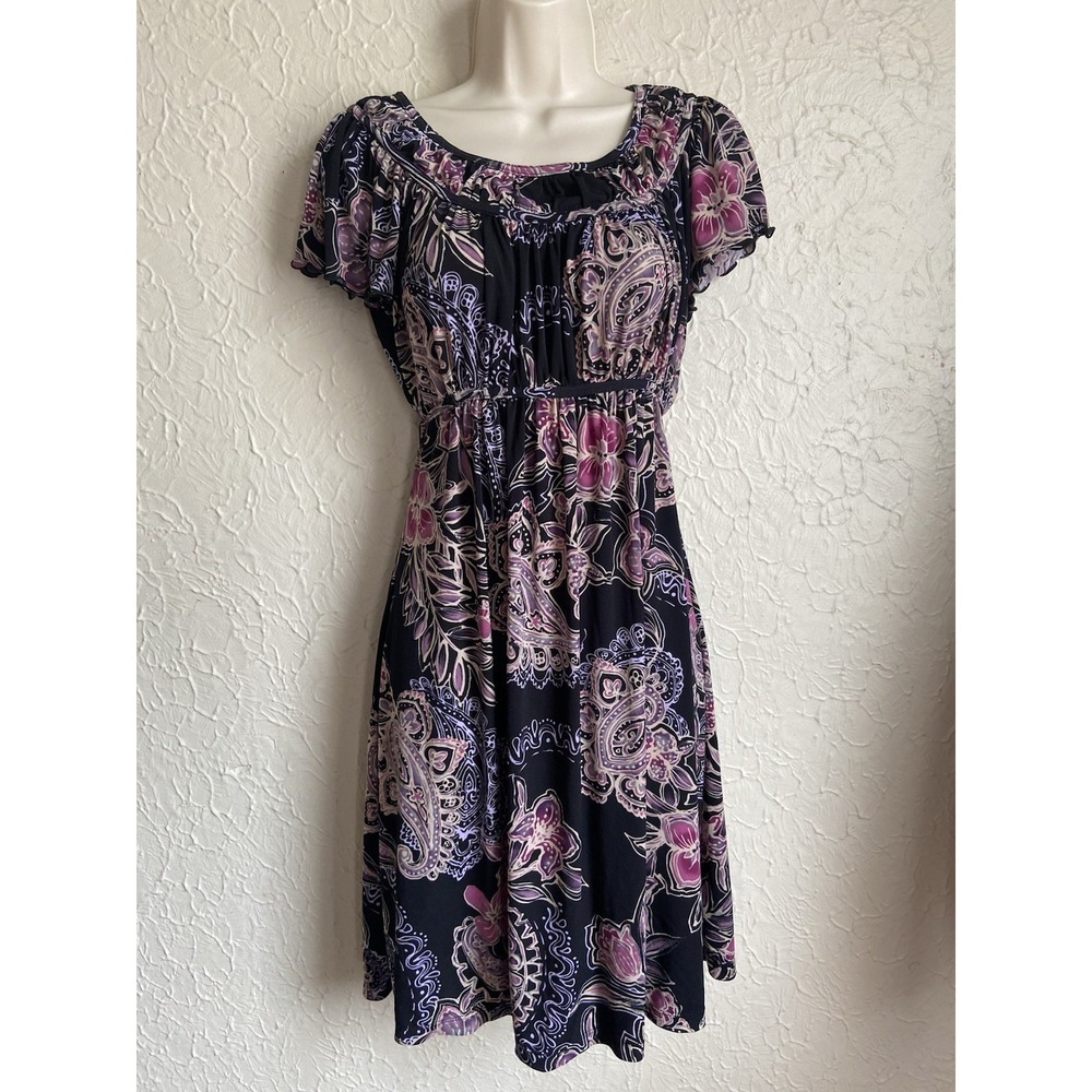 Vintage AGB Paisley Floral Peasant Dress Sz 10 Ruffle 90s Y2k Ruched Tie Back